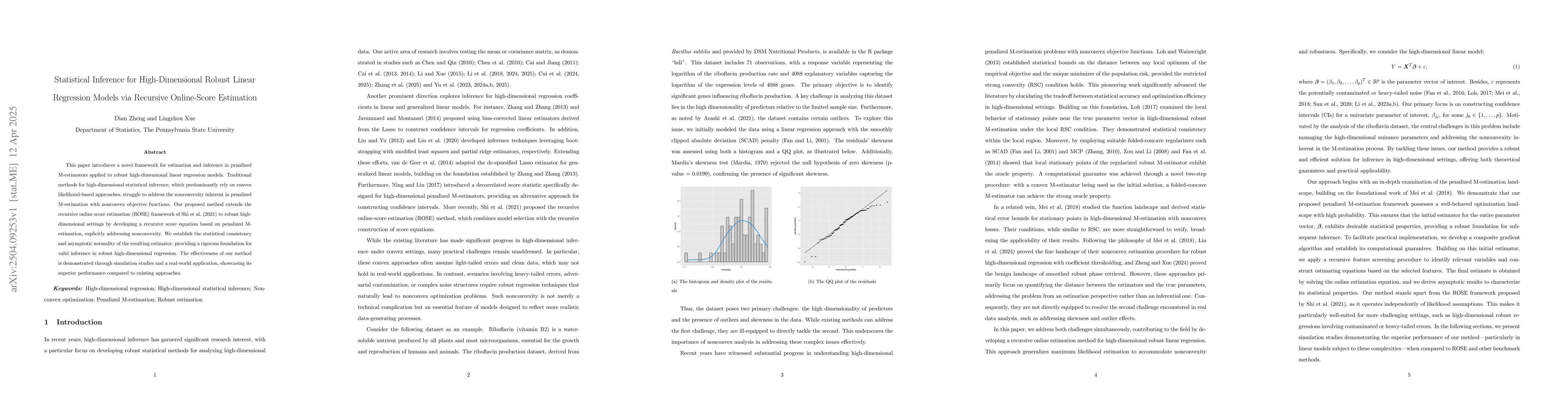 Thumbnail for Statistical Inference for High-Dimensional Robust Linear Regression
  Models via Recursive Online-Score Estimation