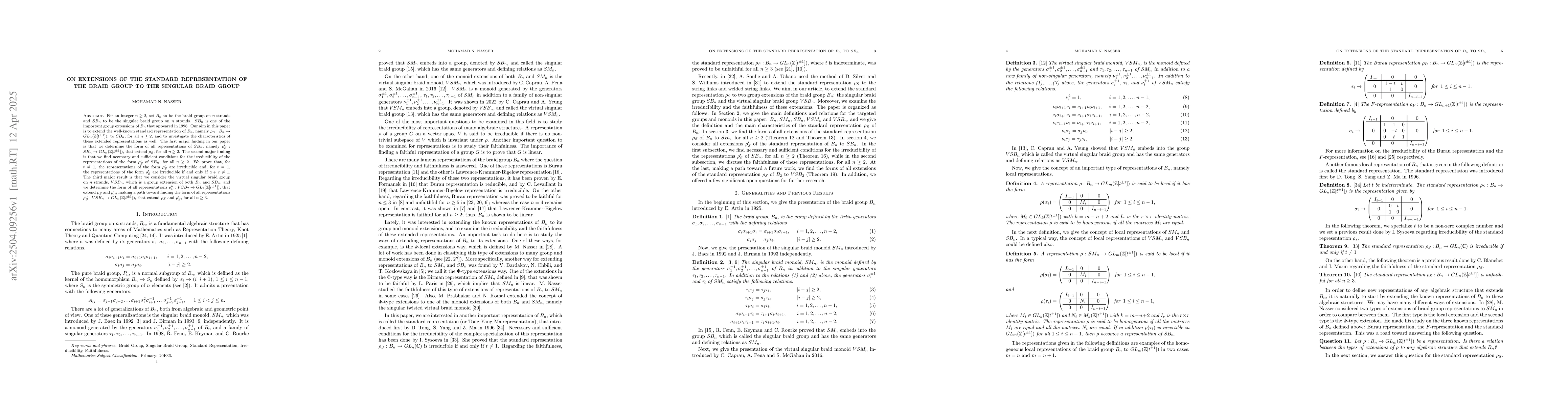 Thumbnail for On extensions of the standard representation of the braid group to the
  singular braid group