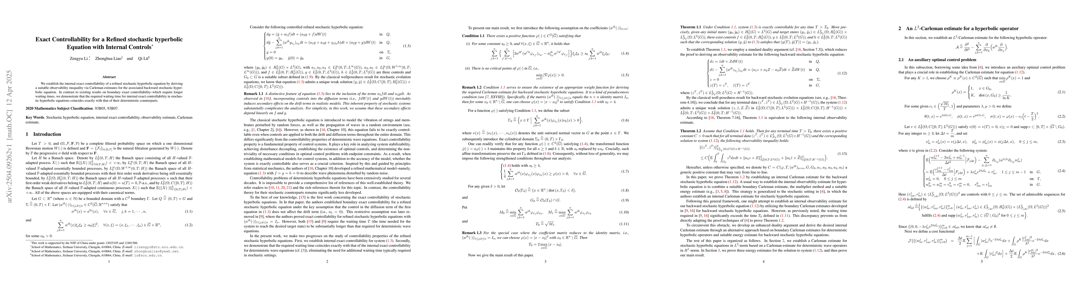 Thumbnail for Exact Controllability for a Refined Stochastic Hyperbolic Equation with
  Internal Controls