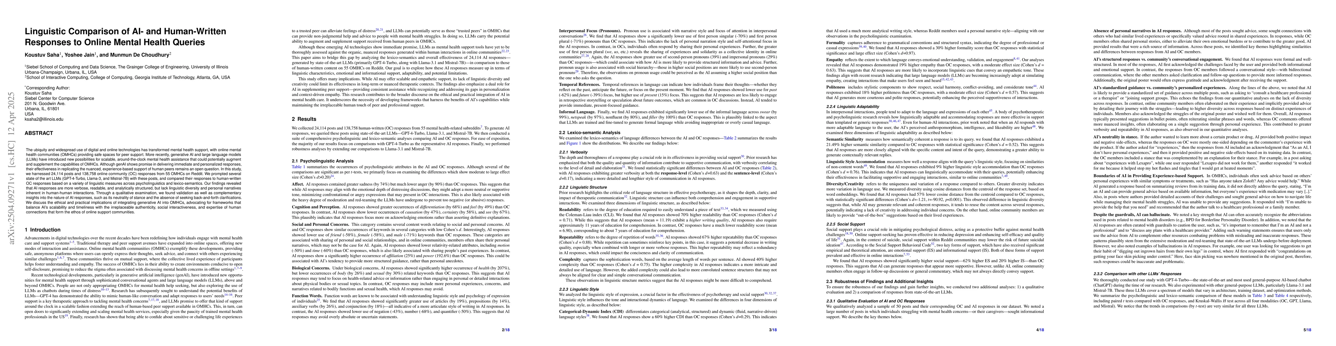 Thumbnail for Linguistic Comparison of AI- and Human-Written Responses to Online
  Mental Health Queries