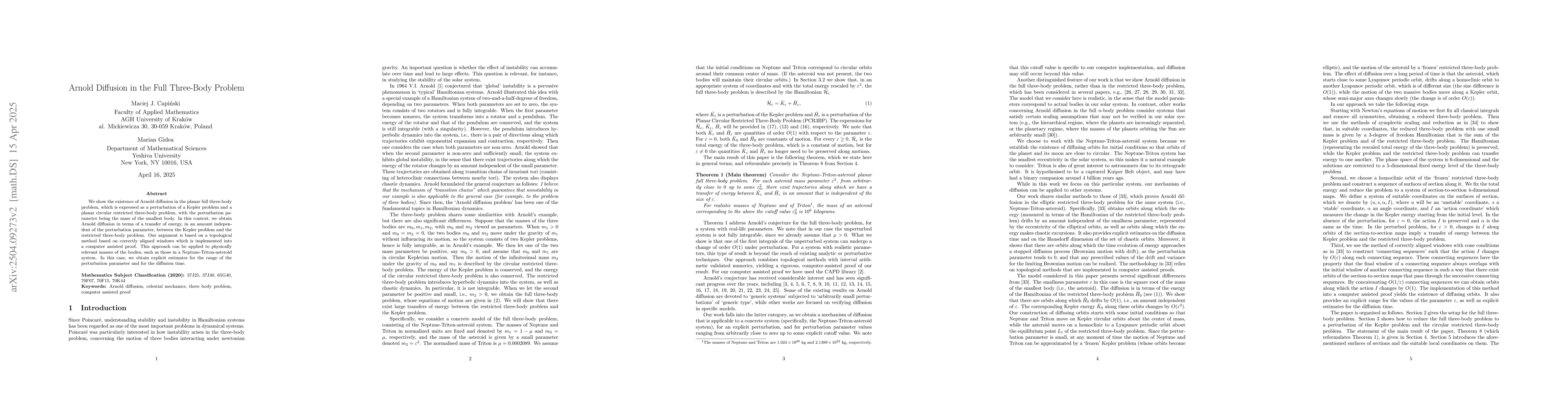 Thumbnail for Arnold Diffusion in the Full Three-Body Problem