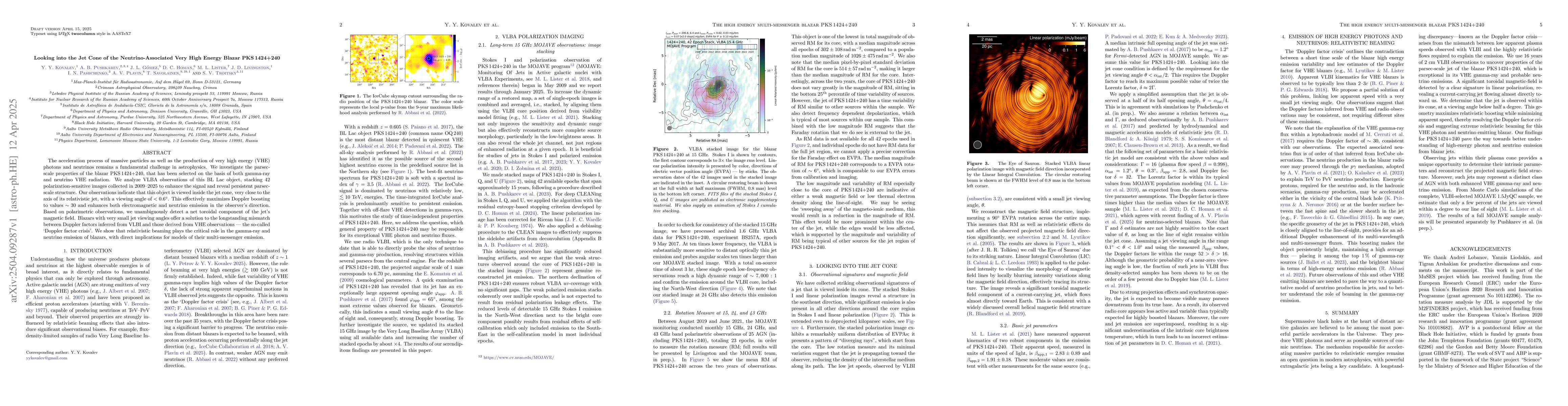 Thumbnail for Looking into the Jet Cone of the Neutrino-Associated Very High Energy
  Blazar PKS 1424+240