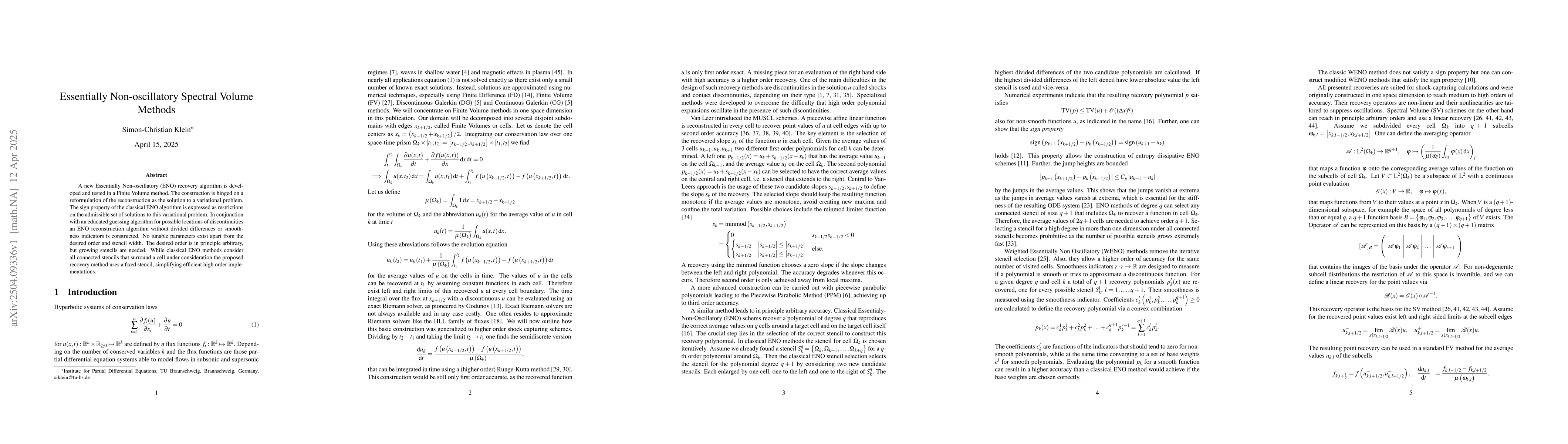 Thumbnail for Essentially Non-oscillatory Spectral Volume Methods
