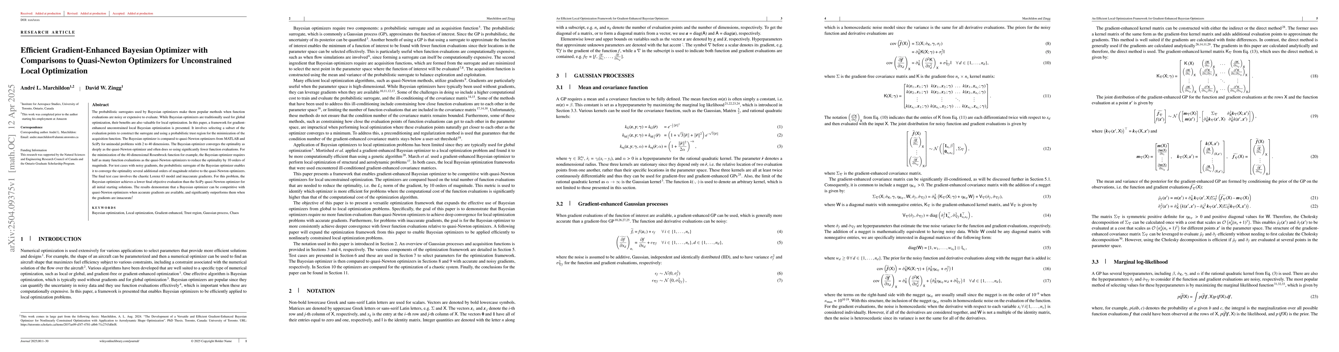 Thumbnail for Efficient Gradient-Enhanced Bayesian Optimizer with Comparisons to
  Quasi-Newton Optimizers for Unconstrained Local Optimization