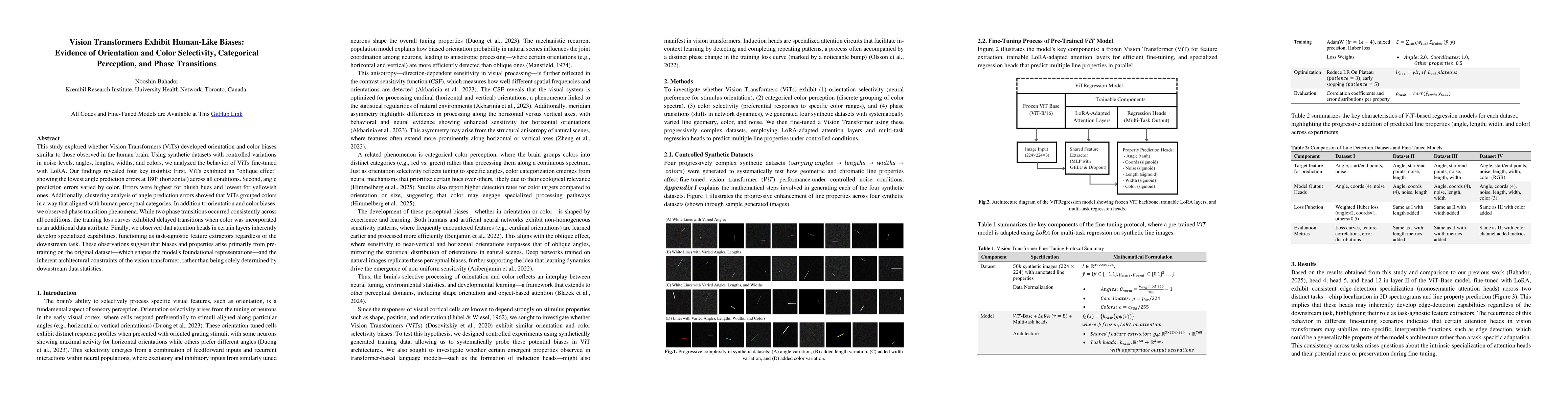 Thumbnail for Vision Transformers Exhibit Human-Like Biases: Evidence of Orientation
  and Color Selectivity, Categorical Perception, and Phase Transitions