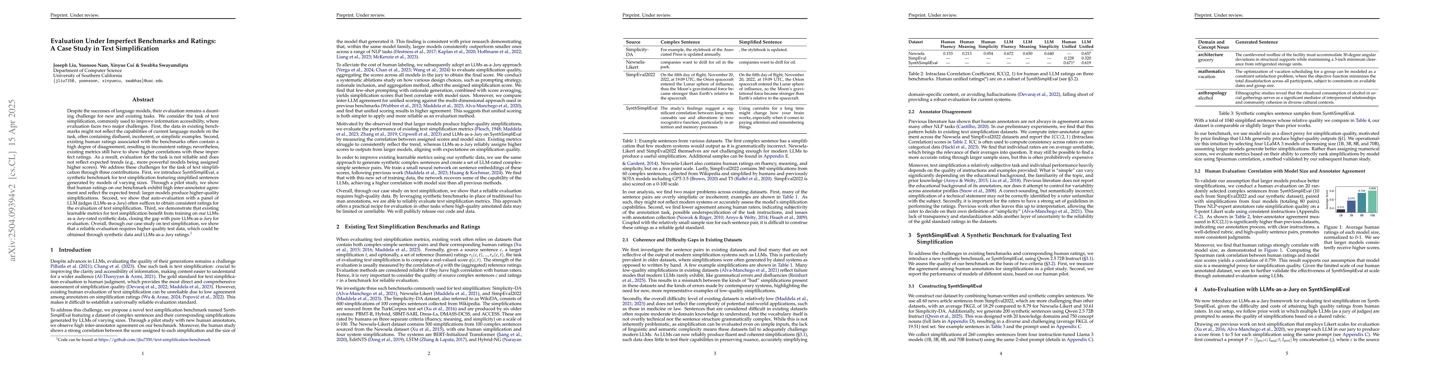 Thumbnail for Evaluation Under Imperfect Benchmarks and Ratings: A Case Study in Text
  Simplification