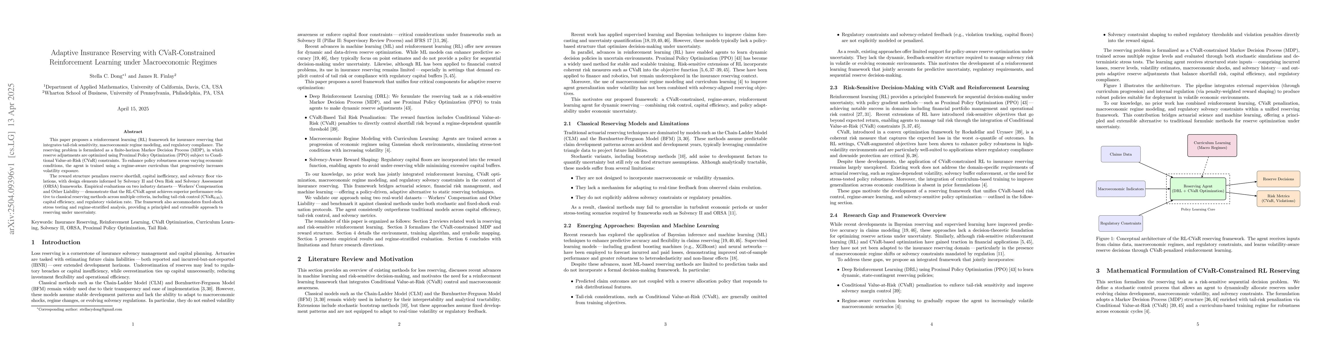 Thumbnail for Adaptive Insurance Reserving with CVaR-Constrained Reinforcement
  Learning under Macroeconomic Regimes