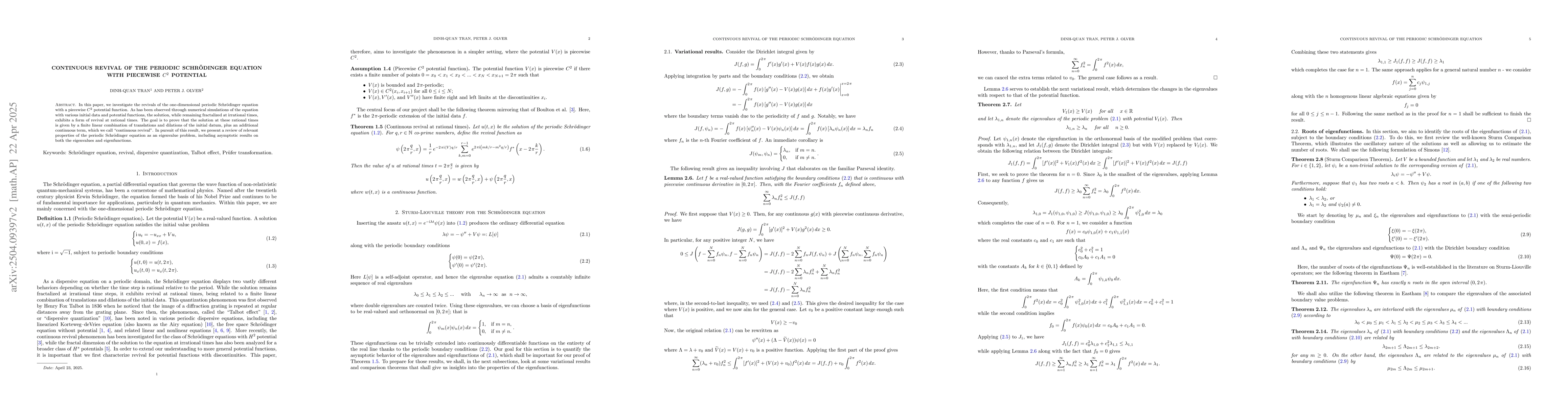 Thumbnail for Continuous Revival of the Periodic Schrödinger Equation with
  Piecewise $C^2$ Potential