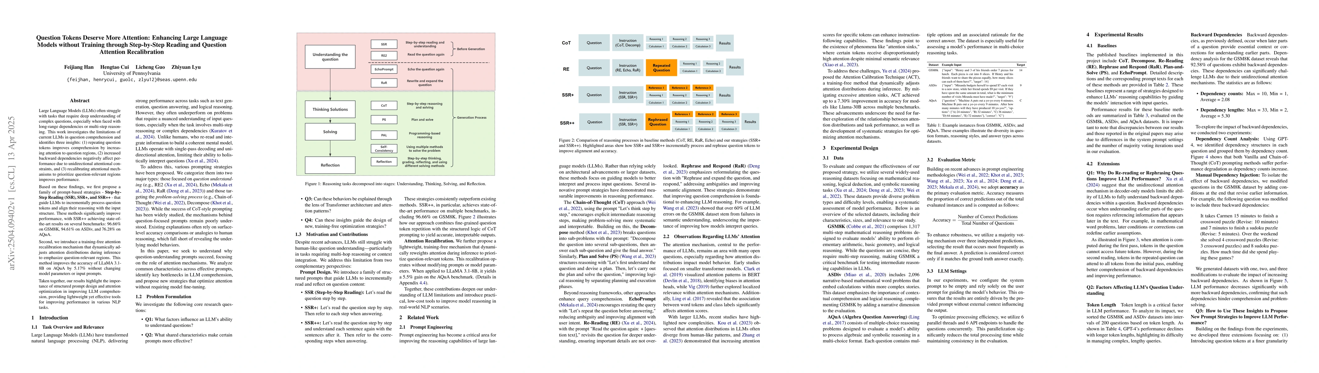 Thumbnail for Question Tokens Deserve More Attention: Enhancing Large Language Models
  without Training through Step-by-Step Reading and Question Attention
  Recalibration