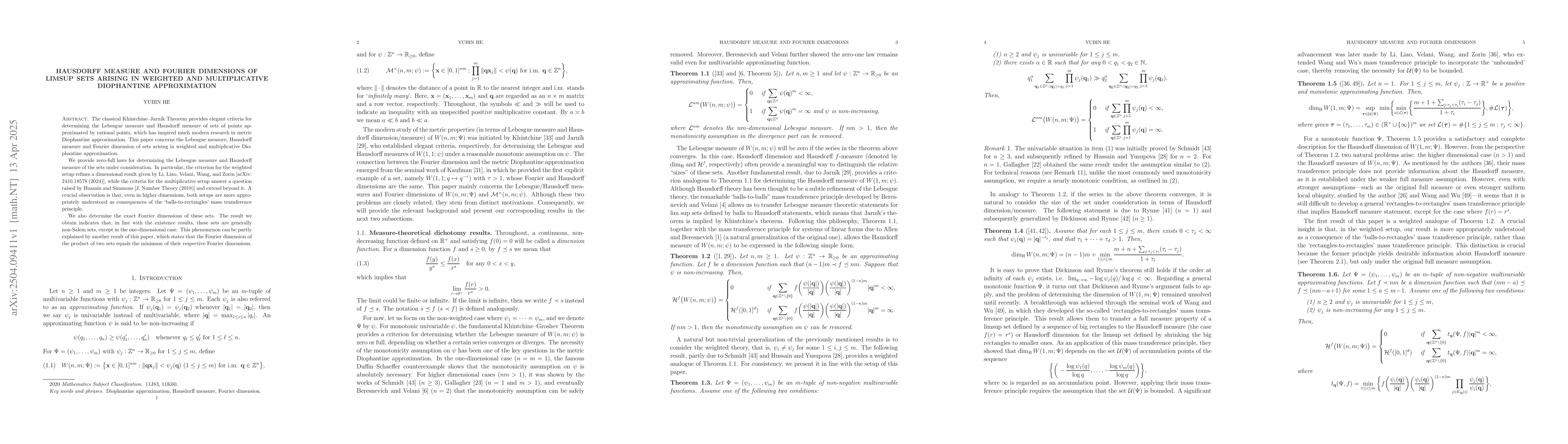 Thumbnail for Hausdorff measure and Fourier dimensions of limsup sets arising in
  weighted and multiplicative Diophantine approximation
