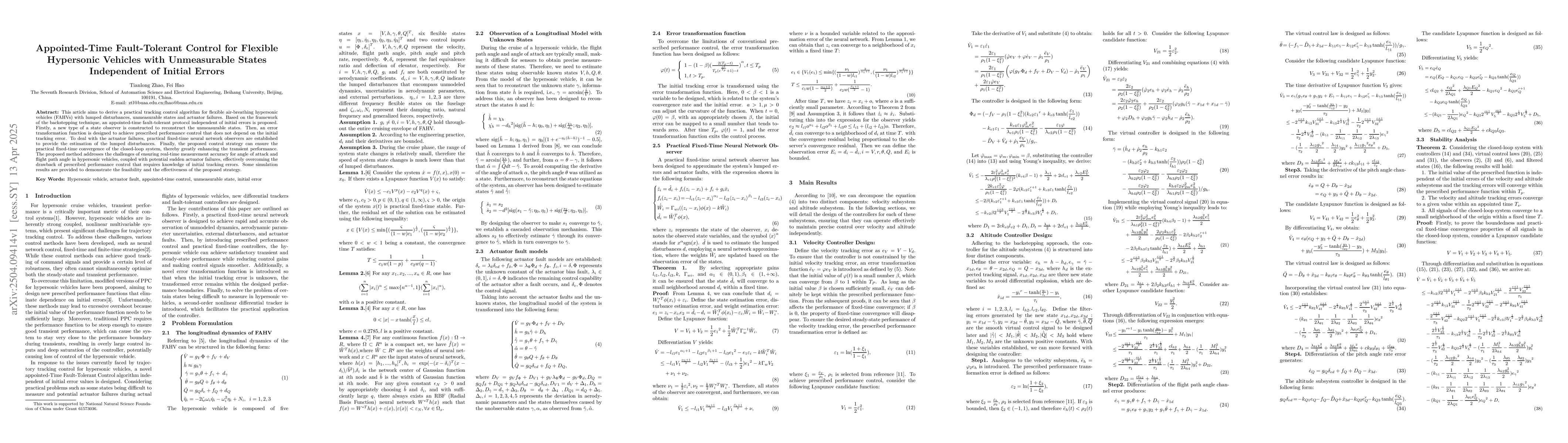 Thumbnail for Appointed-Time Fault-Tolerant Control for Flexible Hypersonic Vehicles
  with Unmeasurable States Independent of Initial Errors