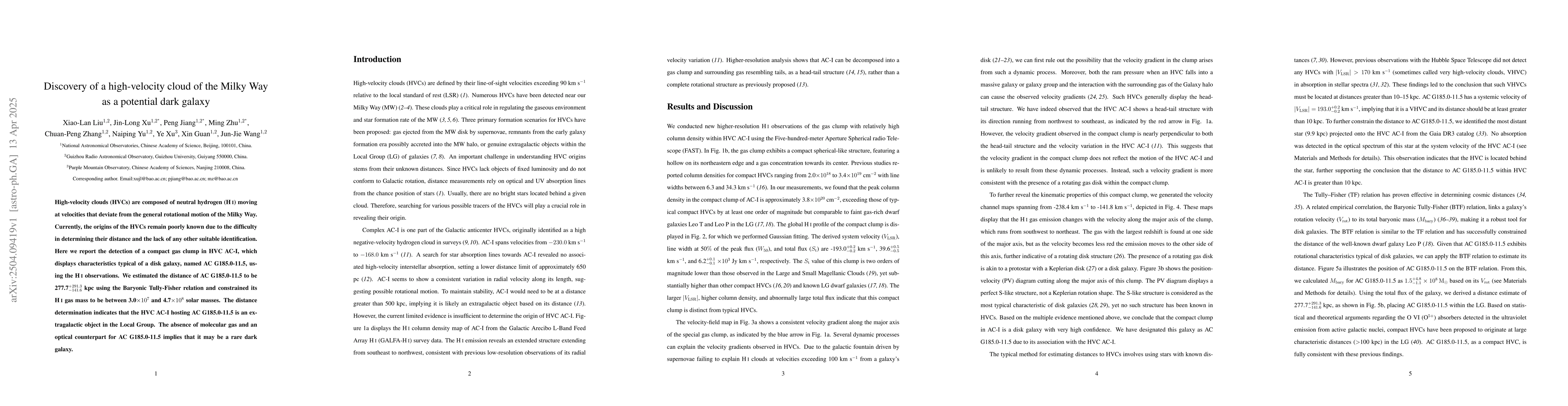 Thumbnail for Discovery of a high-velocity cloud of the Milky Way as a potential dark
  galaxy