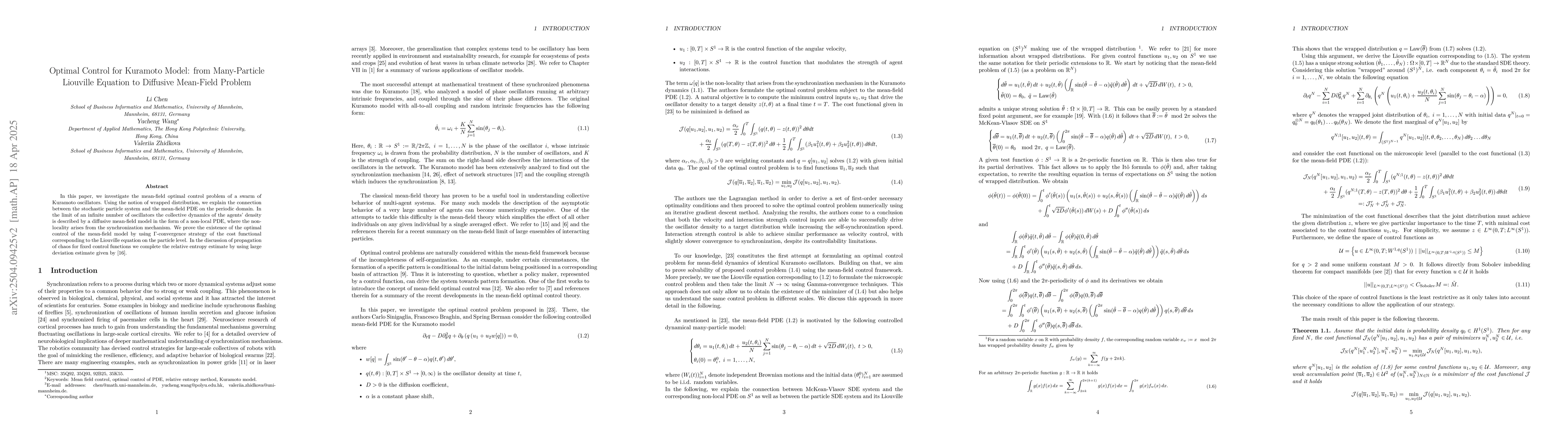 Thumbnail for Optimal Control for Kuramoto Model: from Many-Particle Liouville
  Equation to Diffusive Mean-Field Problem