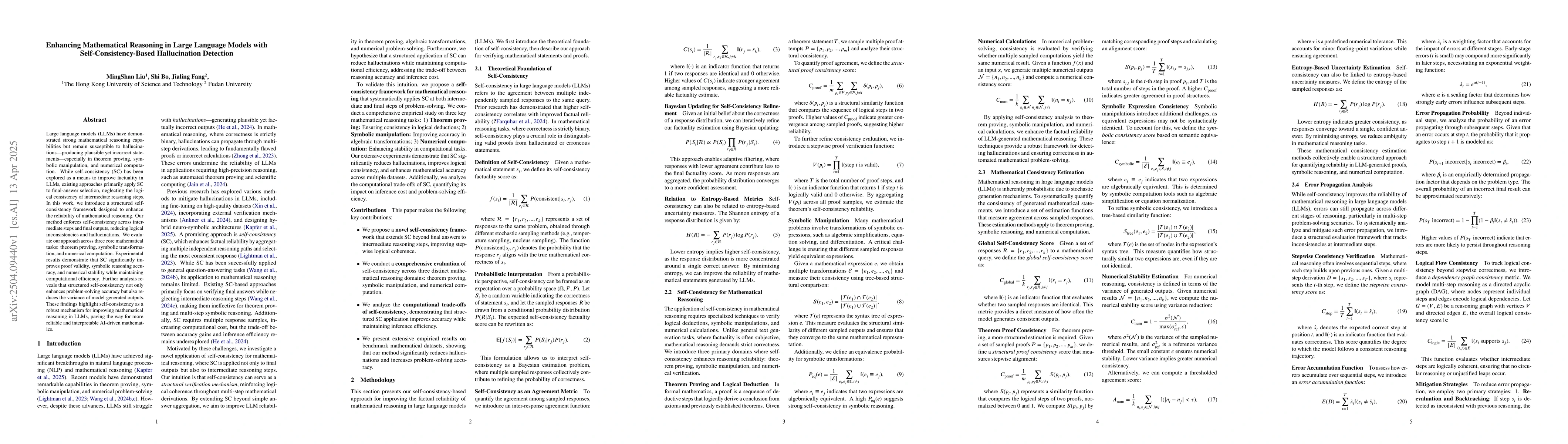 Thumbnail for Enhancing Mathematical Reasoning in Large Language Models with
  Self-Consistency-Based Hallucination Detection