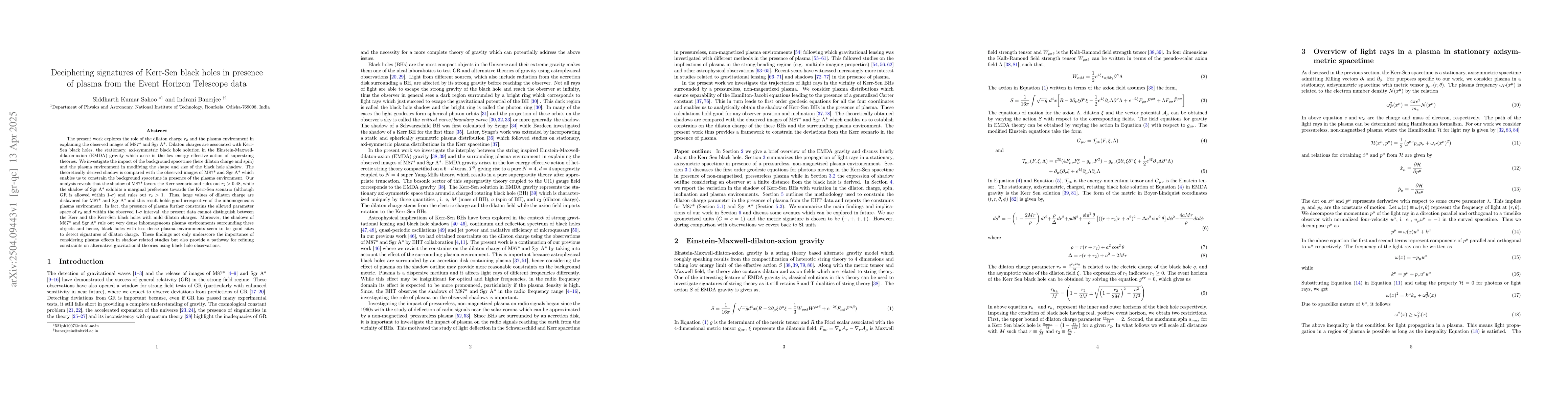 Thumbnail for Deciphering signatures of Kerr-Sen black holes in presence of plasma
  from the Event Horizon Telescope data