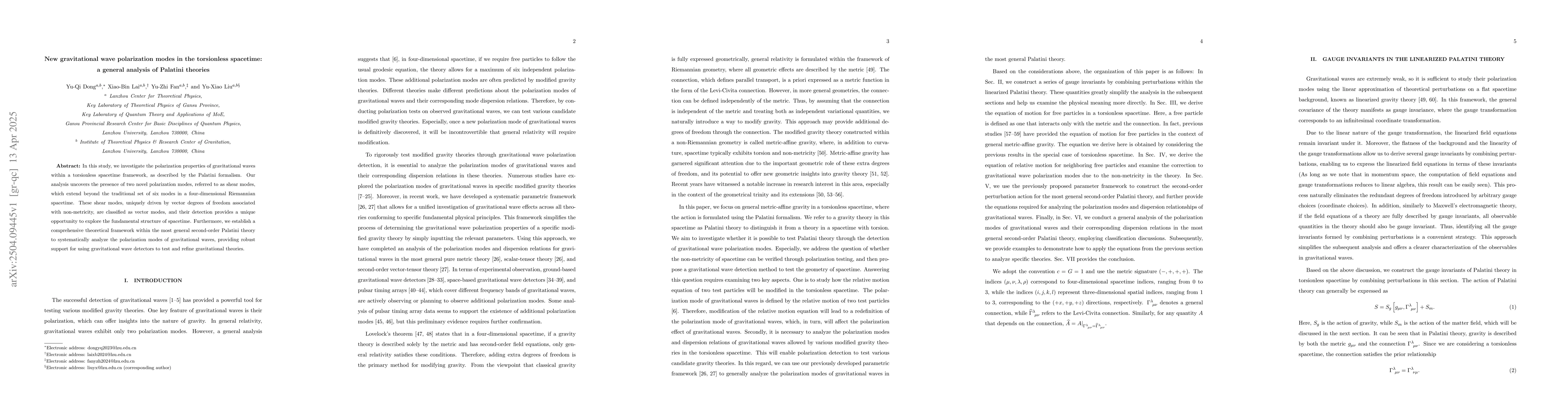 Thumbnail for New gravitational wave polarization modes in the torsionless spacetime:
  a general analysis of Palatini theories