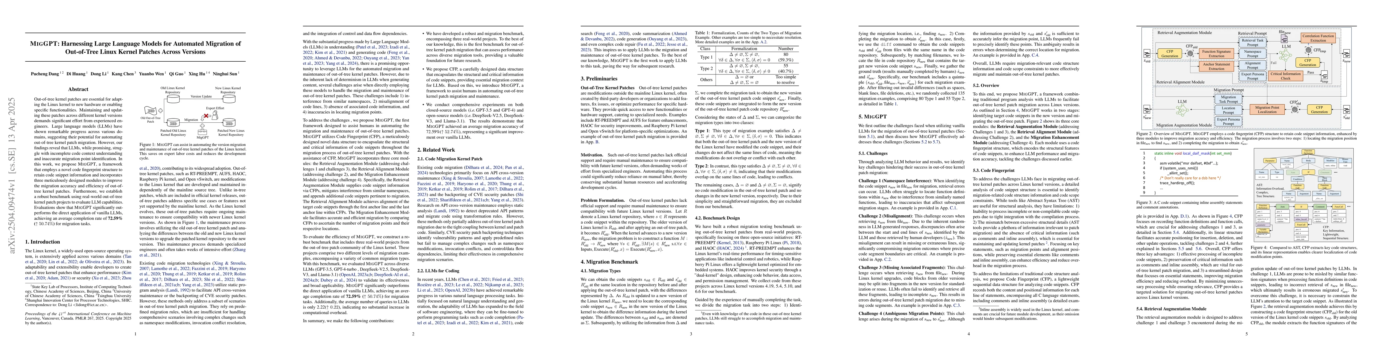 Thumbnail for MigGPT: Harnessing Large Language Models for Automated Migration of
  Out-of-Tree Linux Kernel Patches Across Versions