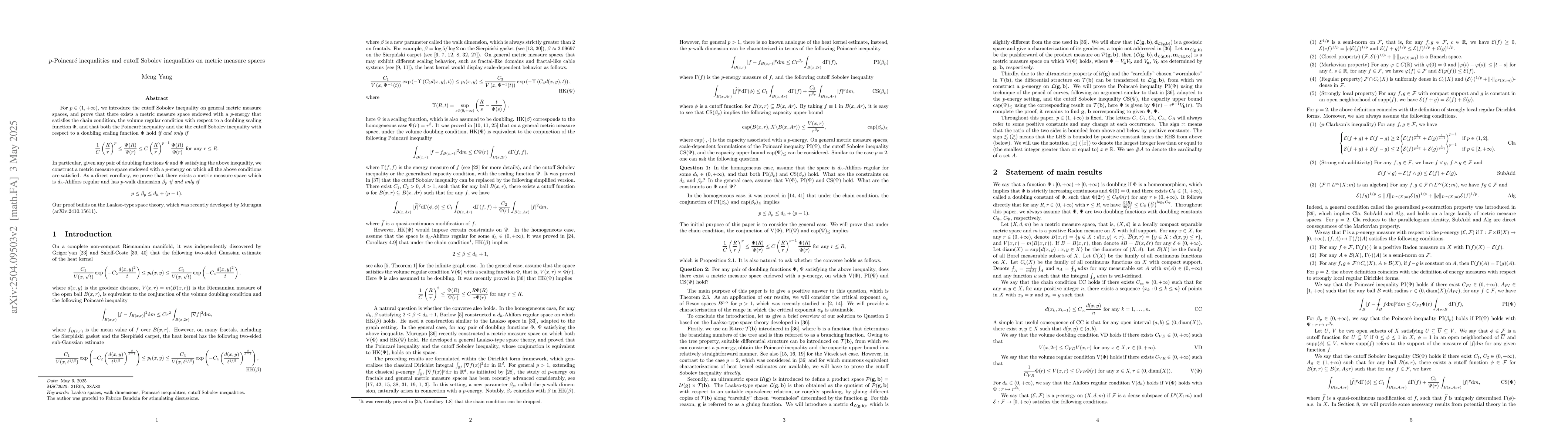 Thumbnail for $p$-Poincaré inequalities and cutoff Sobolev inequalities on metric
  measure spaces
