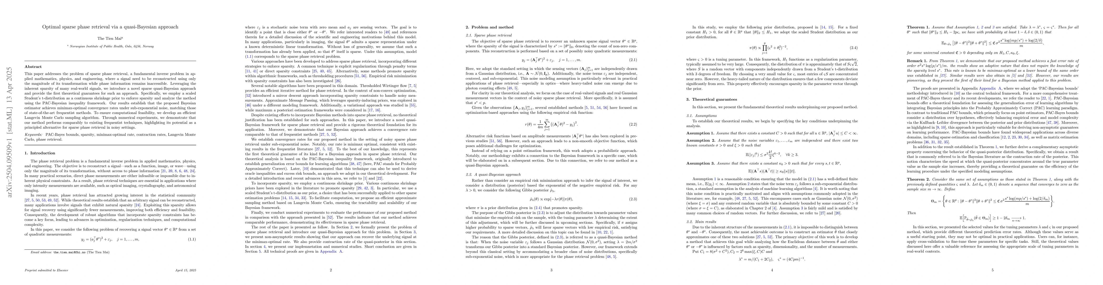 Thumbnail for Optimal sparse phase retrieval via a quasi-Bayesian approach
