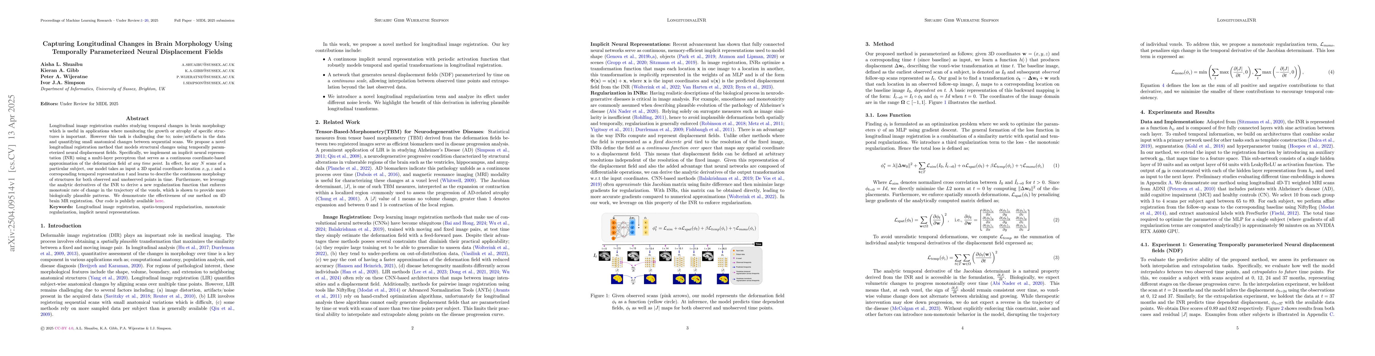 Thumbnail for Capturing Longitudinal Changes in Brain Morphology Using Temporally
  Parameterized Neural Displacement Fields