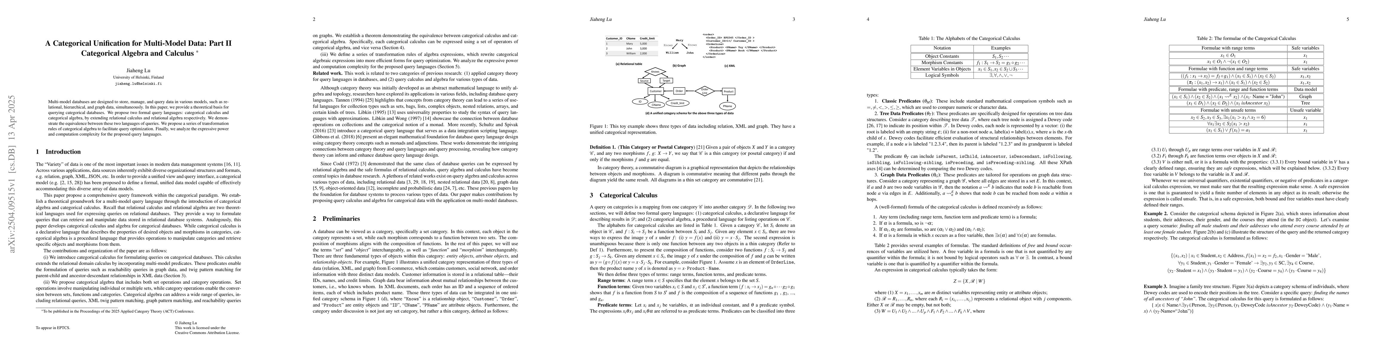 Thumbnail for A Categorical Unification for Multi-Model Data: Part II Categorical
  Algebra and Calculus