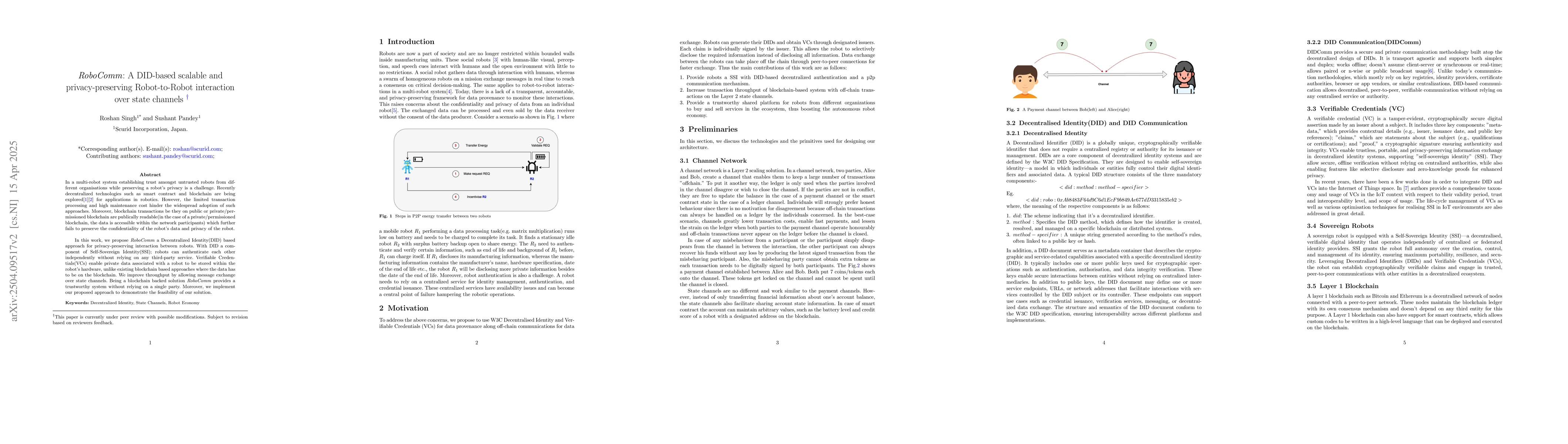 Thumbnail for RoboComm: A DID-based scalable and privacy-preserving Robot-to-Robot
  interaction over state channels
