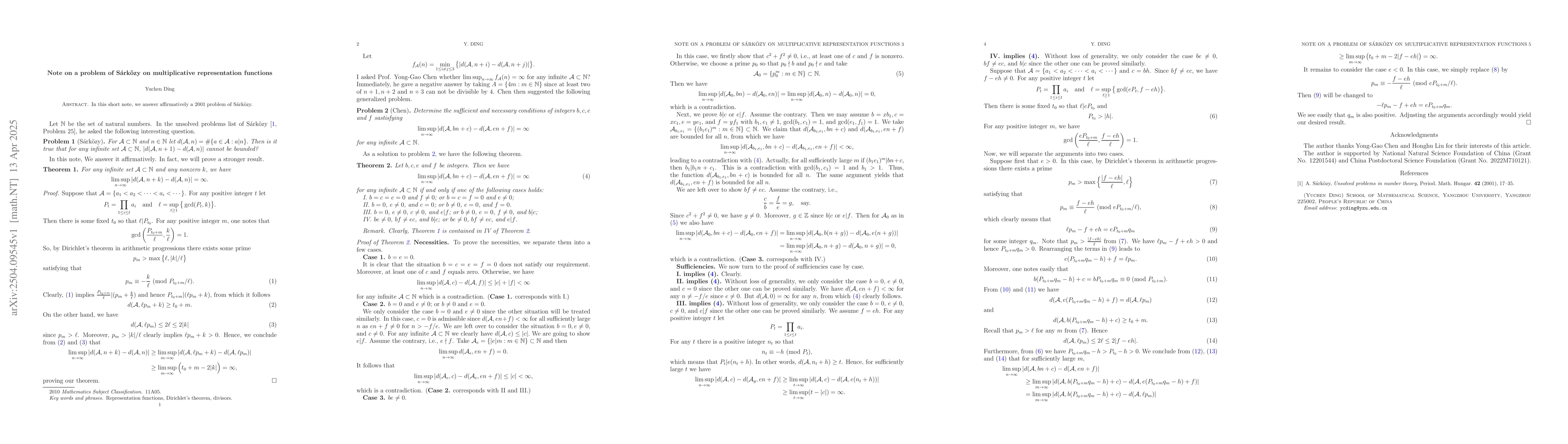 Thumbnail for Note on a problem of Sárközy on multiplicative representation
  functions