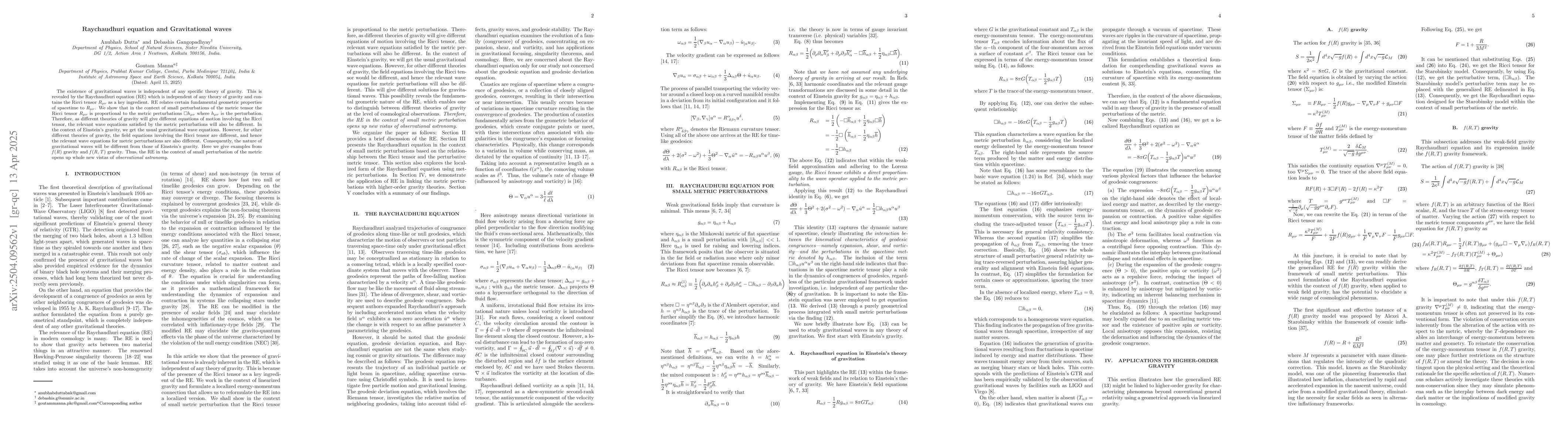 Thumbnail for Raychaudhuri equation and Gravitational waves