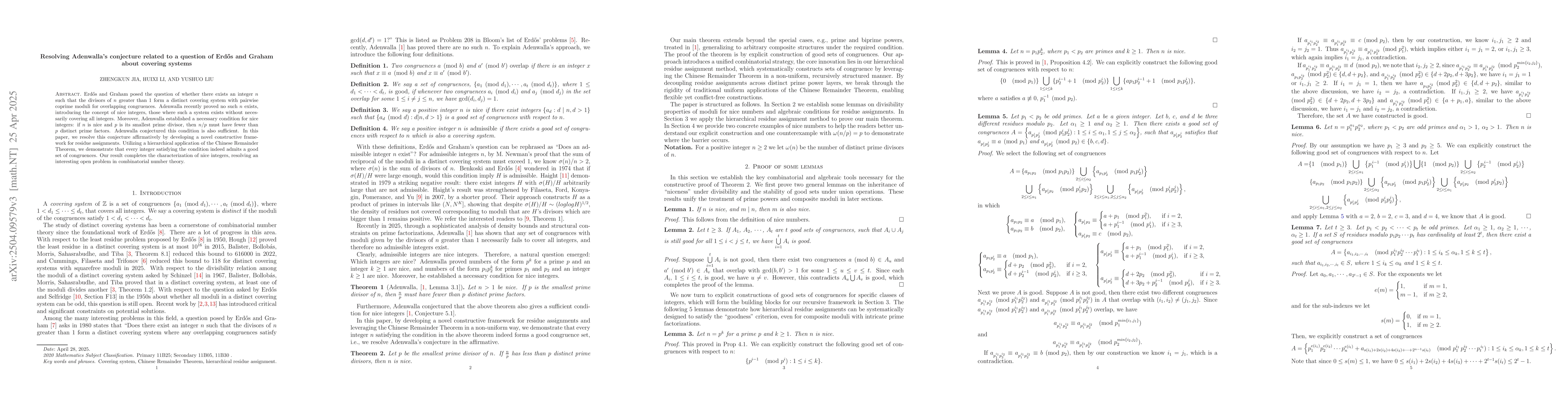 Thumbnail for Resolving Adenwalla's conjecture related to a question of Erdős and
  Graham about covering systems