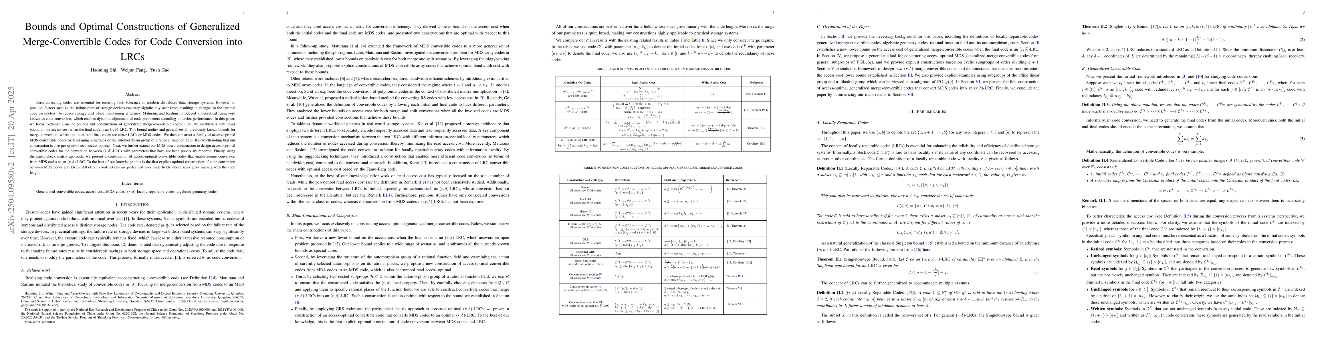 Thumbnail for Bounds and Optimal Constructions of Generalized Merge-Convertible Codes
  for Code Conversion into LRCs