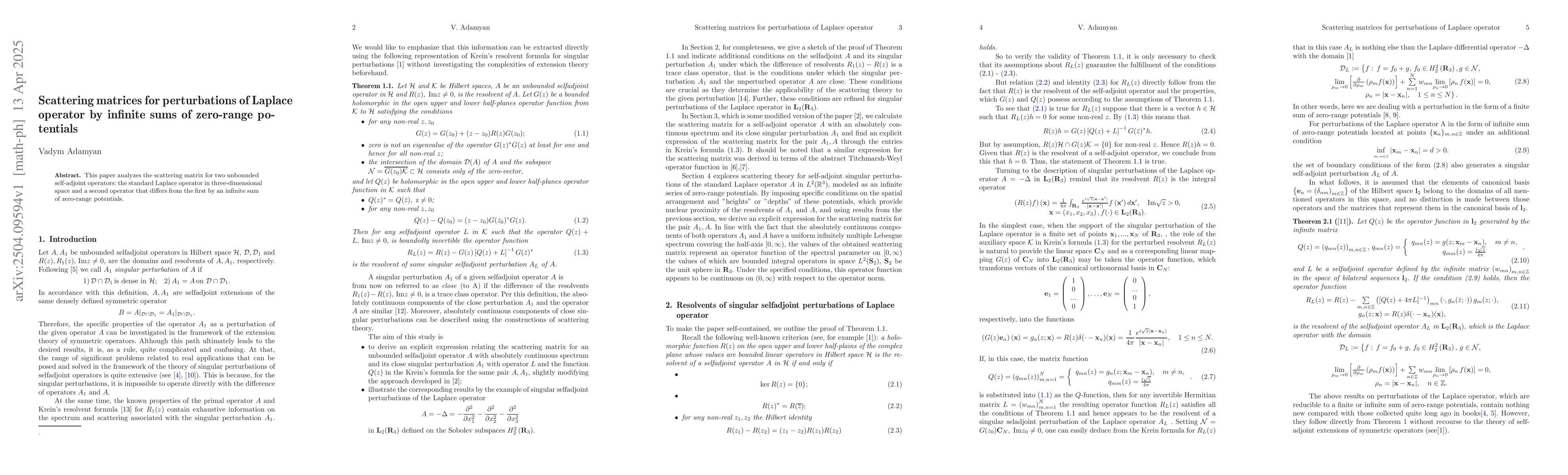 Thumbnail for Scattering matrices for perturbations of Laplace operator by infinite
  sums of zero-range potentials