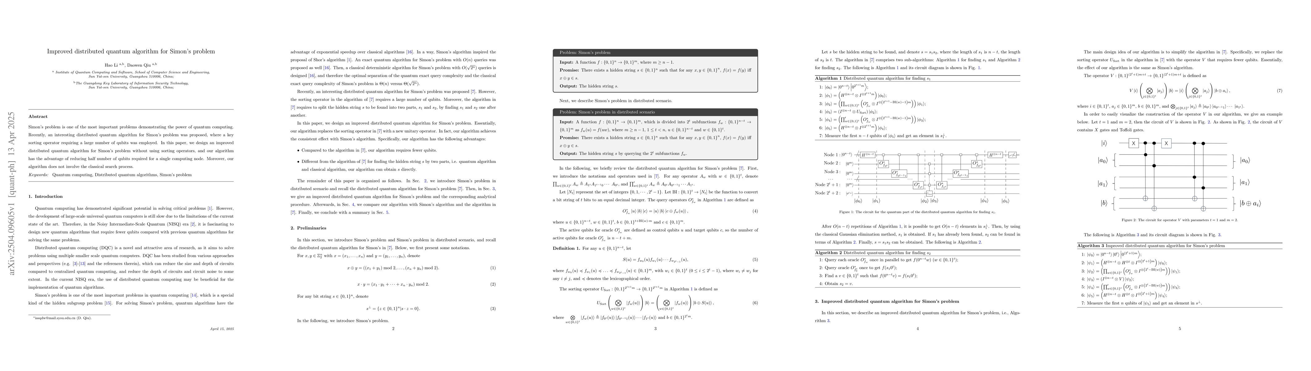 Thumbnail for Improved distributed quantum algorithm for Simon's problem