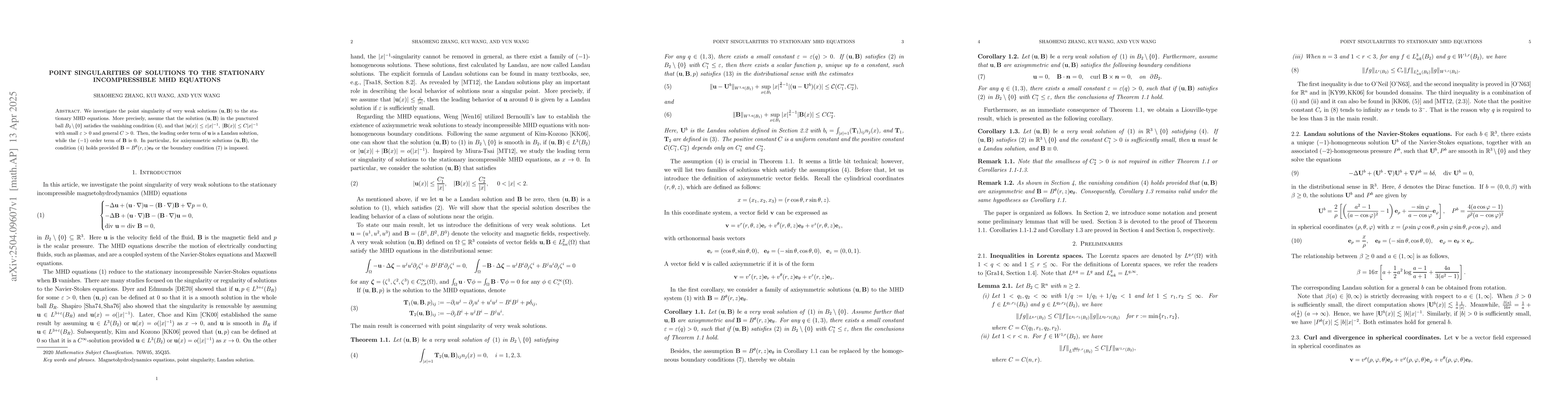 Thumbnail for Point Singularities of Solutions to the Stationary Incompressible MHD
  Equations
