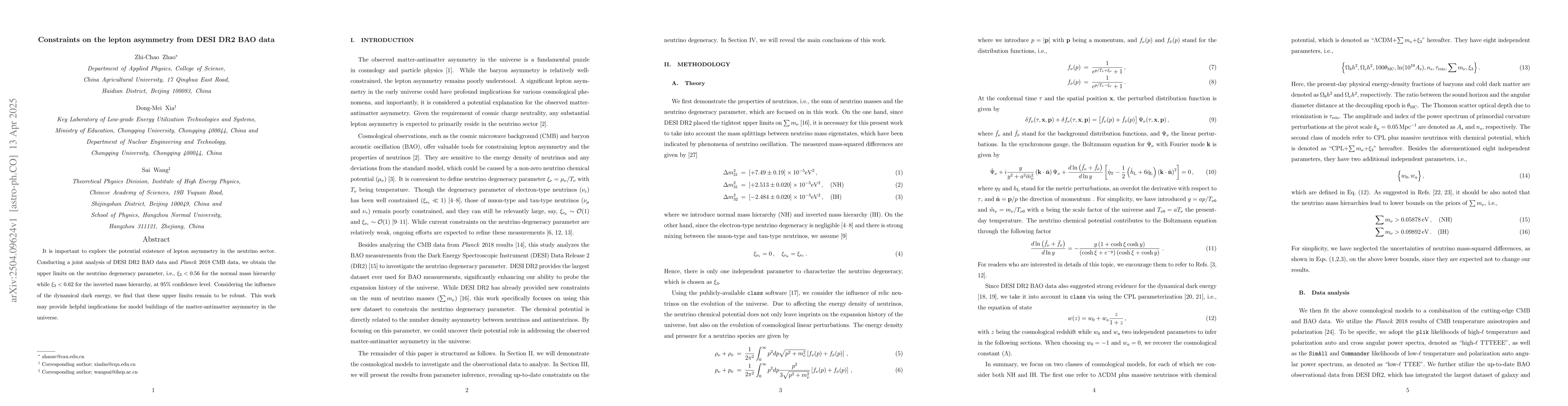 Thumbnail for Constraints on the lepton asymmetry from DESI DR2 BAO data