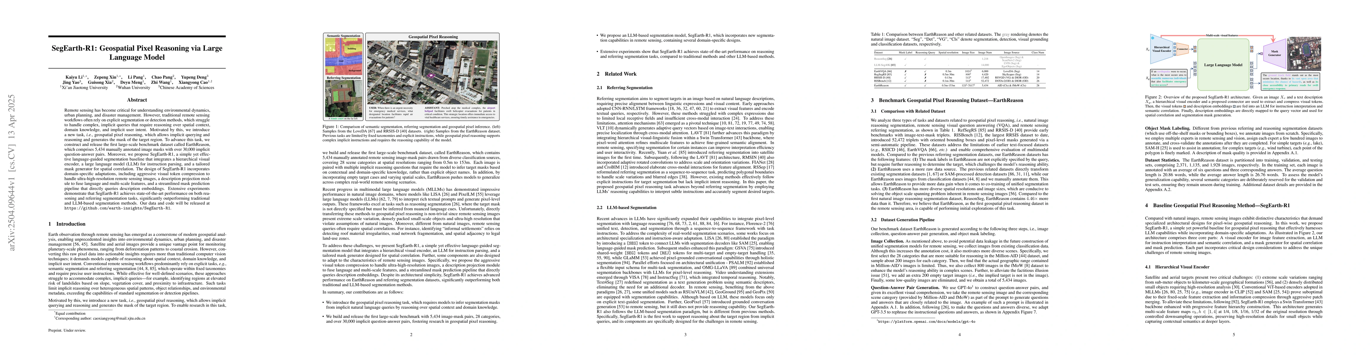 Thumbnail for SegEarth-R1: Geospatial Pixel Reasoning via Large Language Model