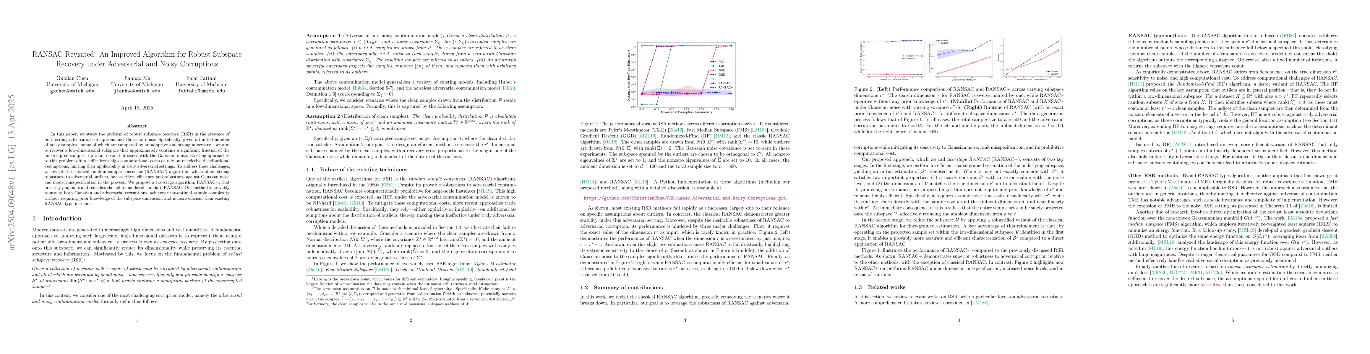 Thumbnail for RANSAC Revisited: An Improved Algorithm for Robust Subspace Recovery
  under Adversarial and Noisy Corruptions