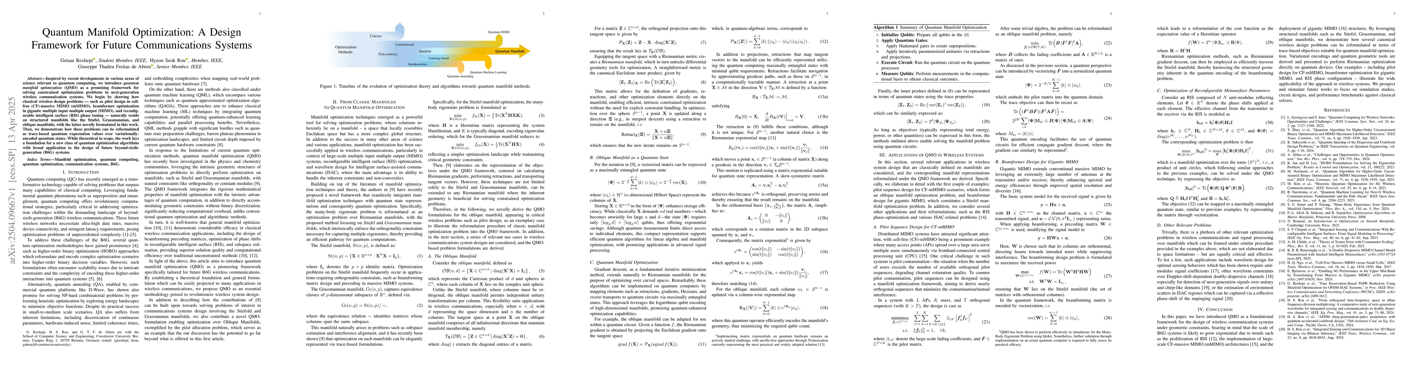 Thumbnail for Quantum Manifold Optimization: A Design Framework for Future
  Communications Systems