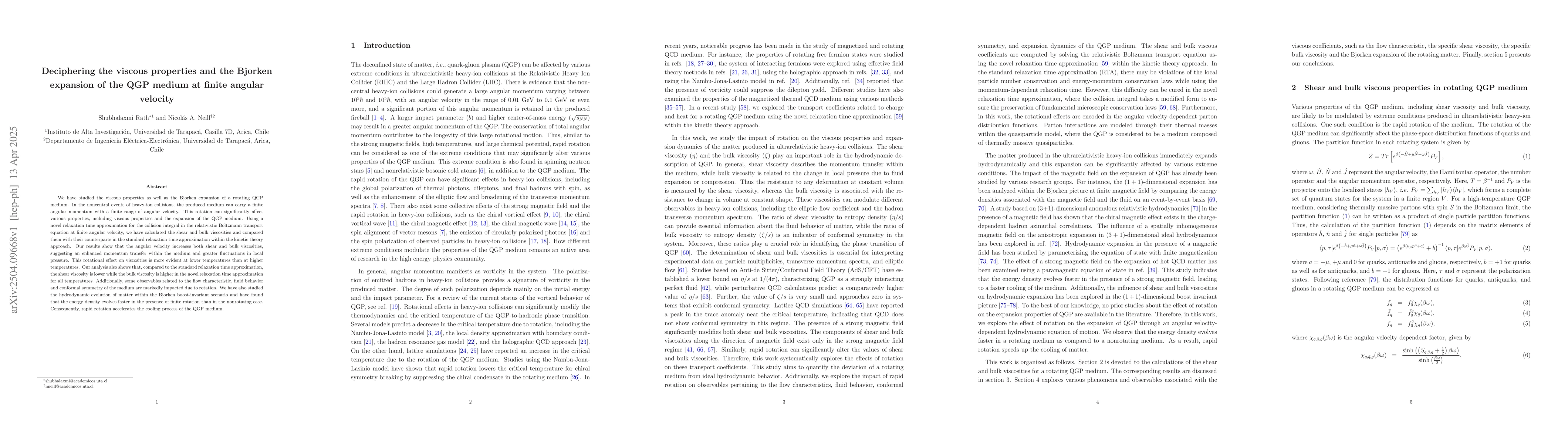 Thumbnail for Deciphering the viscous properties and the Bjorken expansion of the QGP
  medium at finite angular velocity