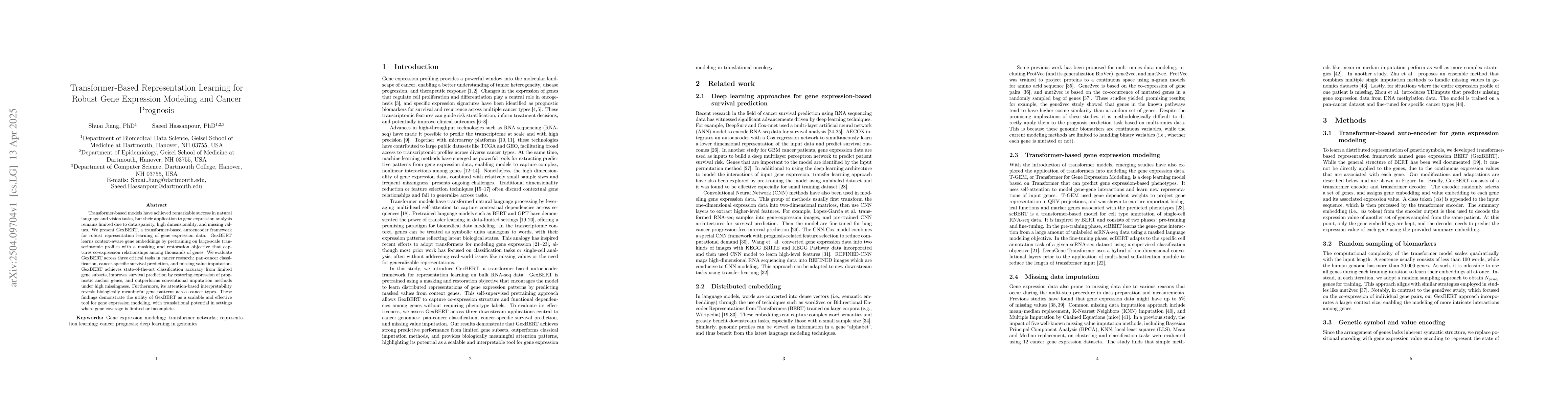 Thumbnail for Transformer-Based Representation Learning for Robust Gene Expression
  Modeling and Cancer Prognosis
