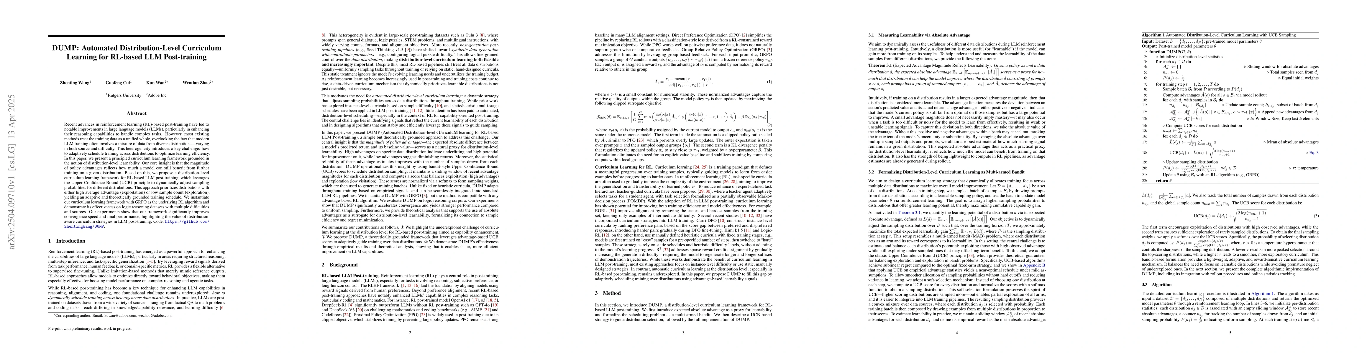 Thumbnail for DUMP: Automated Distribution-Level Curriculum Learning for RL-based LLM
  Post-training