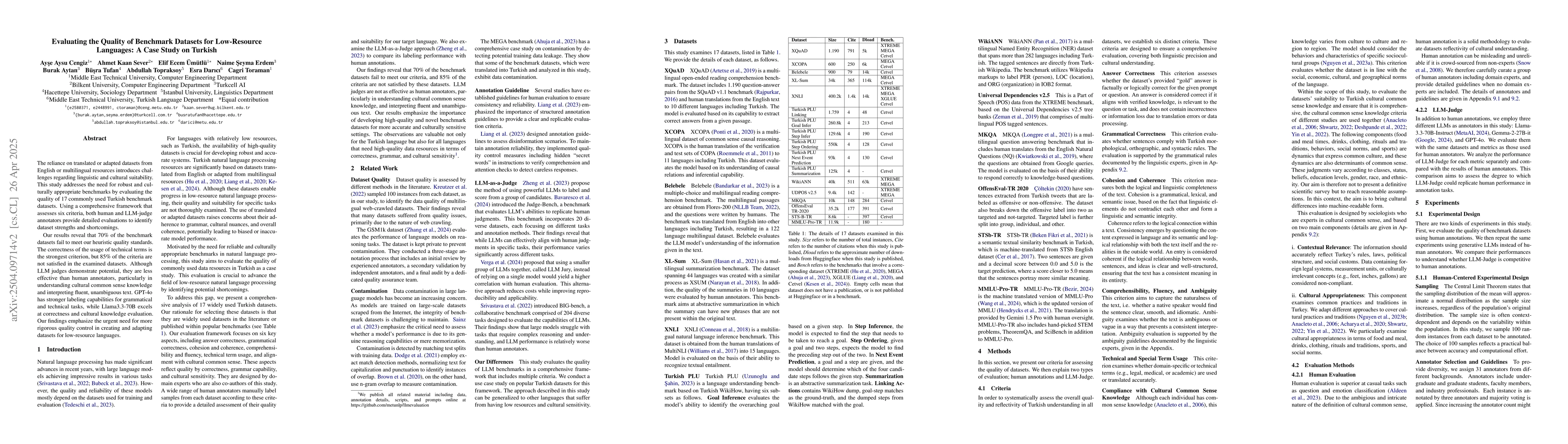Thumbnail for Evaluating the Quality of Benchmark Datasets for Low-Resource Languages:
  A Case Study on Turkish