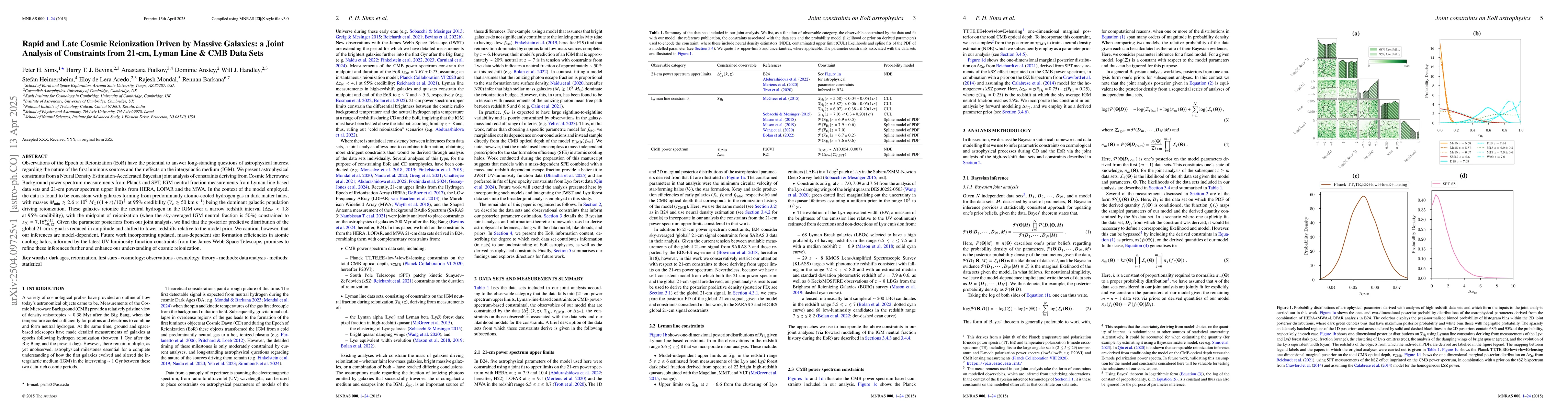 Thumbnail for Rapid and Late Cosmic Reionization Driven by Massive Galaxies: a Joint
  Analysis of Constraints from 21-cm, Lyman Line & CMB Data Sets