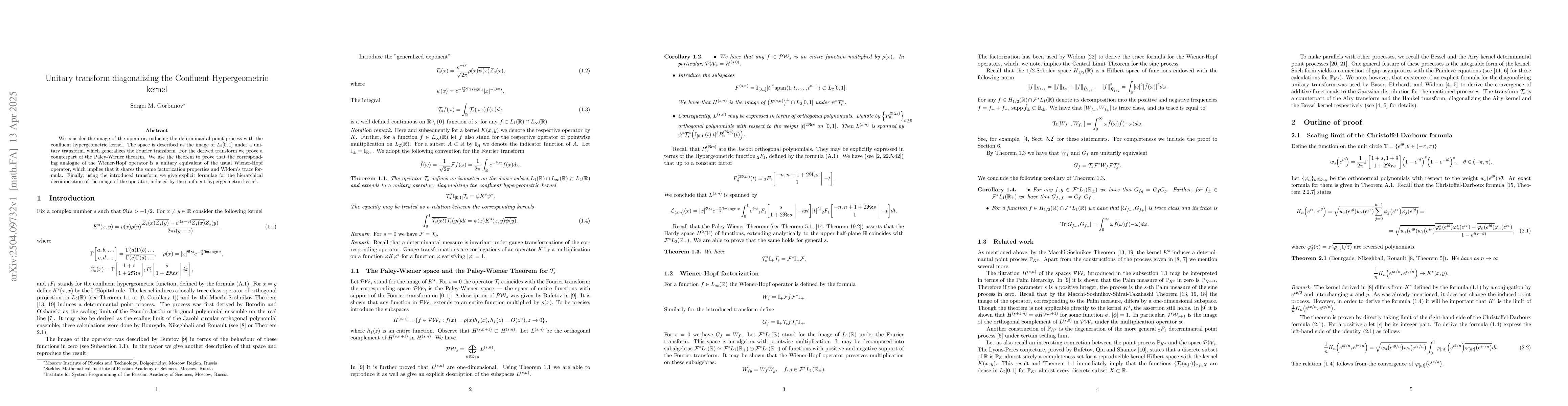 Thumbnail for Unitary transform diagonalizing the Confluent Hypergeometric kernel