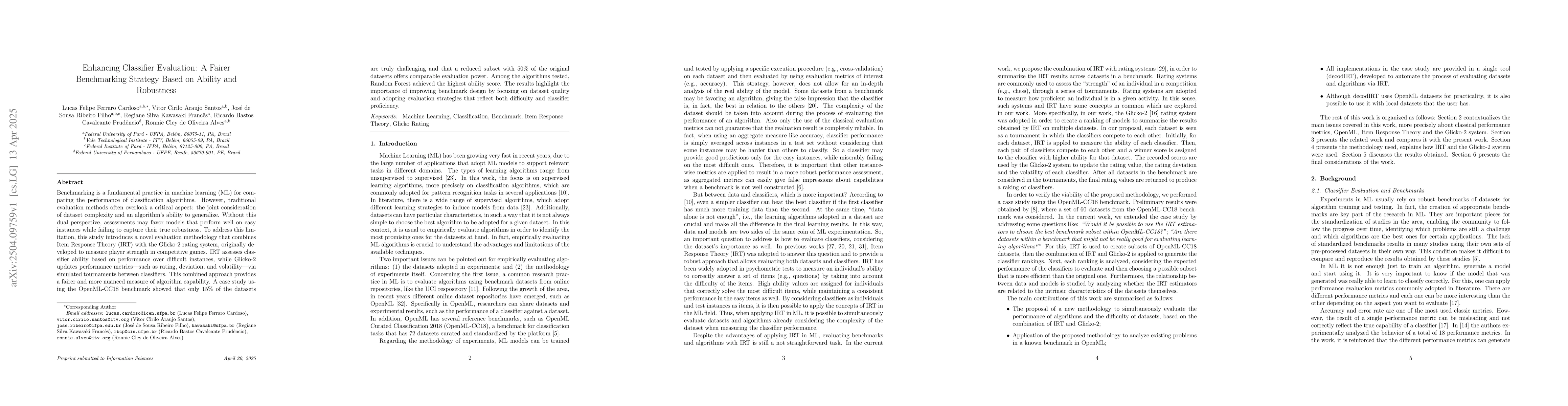 Thumbnail for Enhancing Classifier Evaluation: A Fairer Benchmarking Strategy Based on
  Ability and Robustness