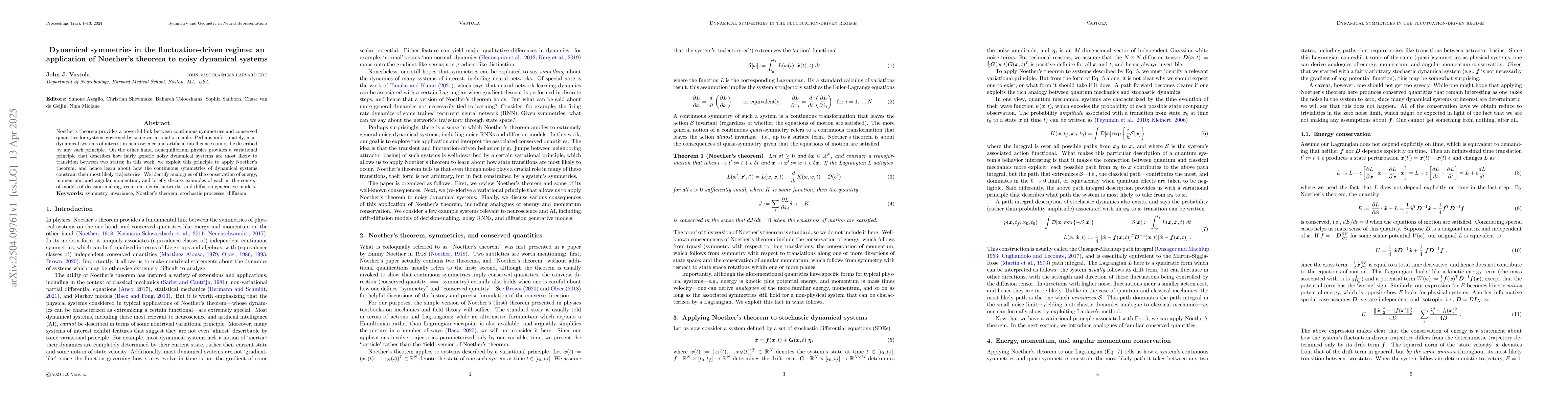 Thumbnail for Dynamical symmetries in the fluctuation-driven regime: an application of
  Noether's theorem to noisy dynamical systems