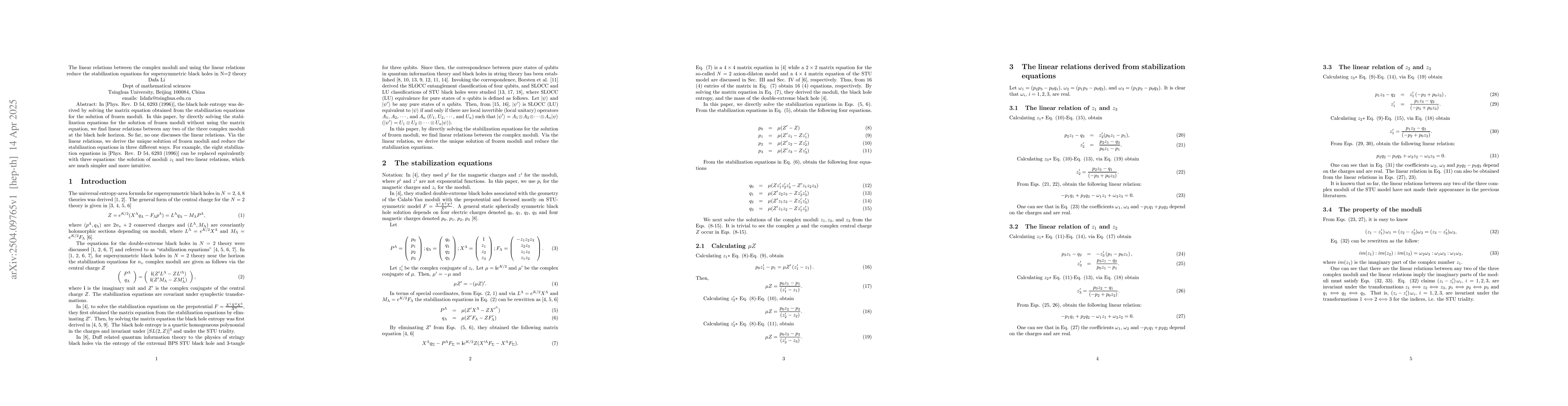 Thumbnail for The linear relations between the complex moduli and using the linear
  relations reduce the stabilization equations for supersymmetric black holes
  in N=2 theory