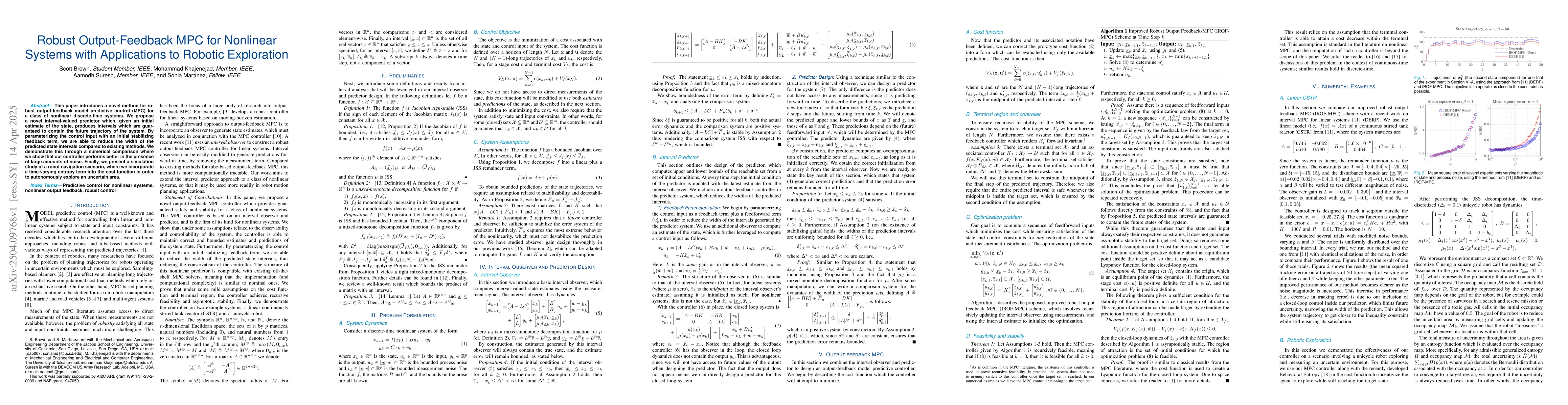 Thumbnail for Robust Output-Feedback MPC for Nonlinear Systems with Applications to
  Robotic Exploration
