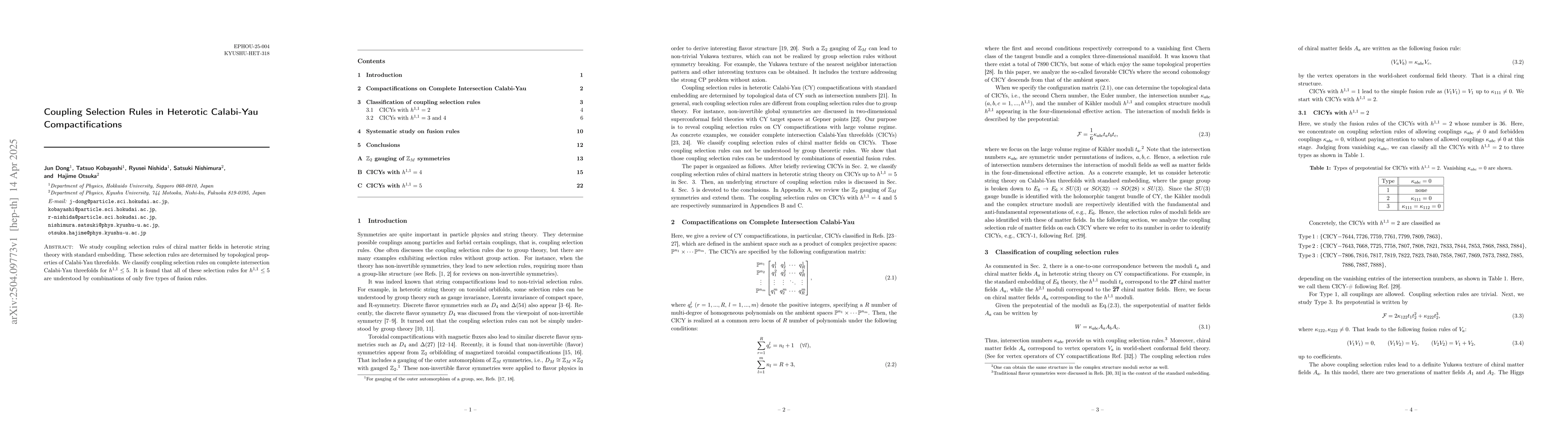 Thumbnail for Coupling Selection Rules in Heterotic Calabi-Yau Compactifications