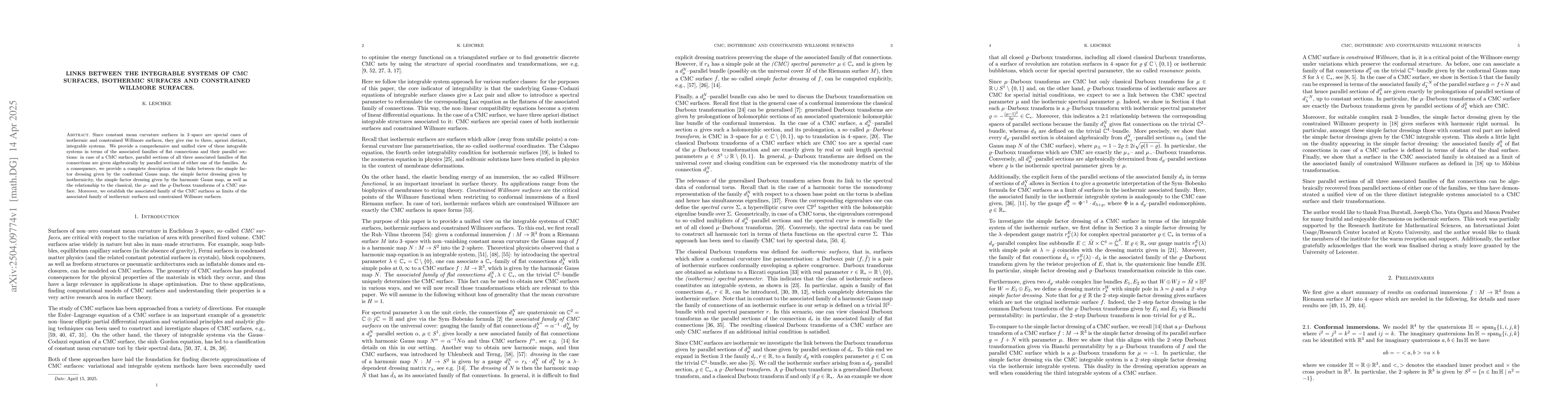 Thumbnail for Links between the integrable systems of CMC surfaces, isothermic
  surfaces and constrained Willmore surfaces
