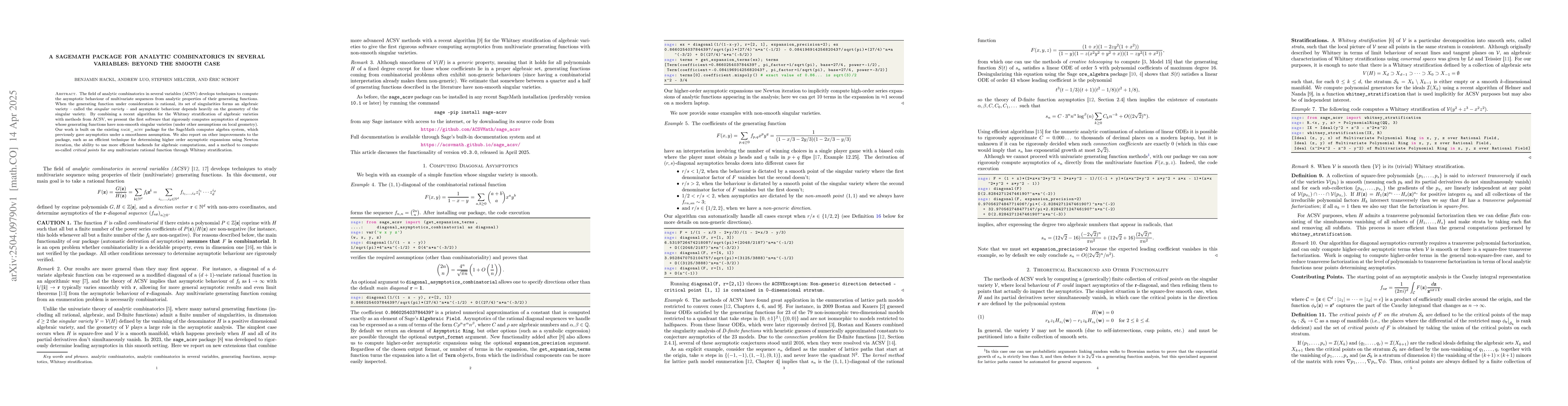 Thumbnail for A SageMath Package for Analytic Combinatorics in Several Variables:
  Beyond the Smooth Case